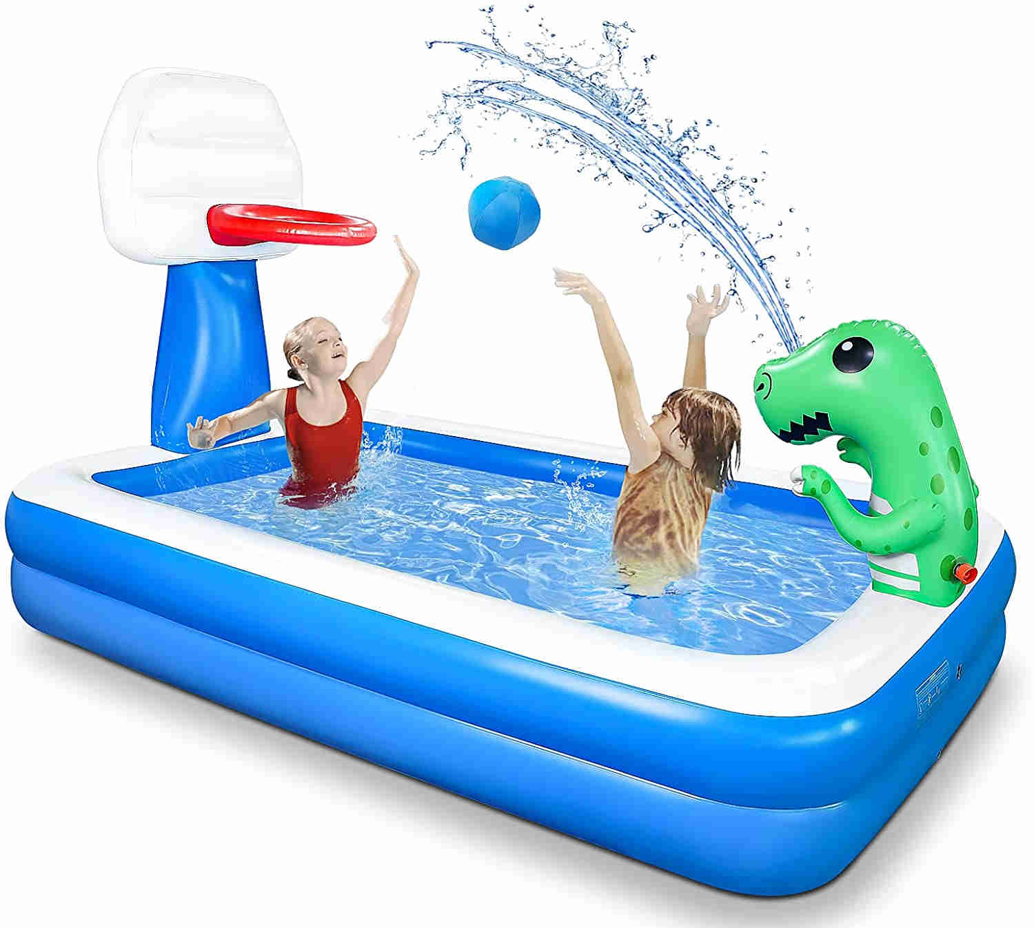 Growsly Inflatable Pool - Swimming Pool for Kids, Blow Up Kiddie Lounge Pool with Basketball Hoop and Dinosaur Sprinkler for Kids Adults Toddlers Age 3+, Outdoor Water Toys for Garden Backyard